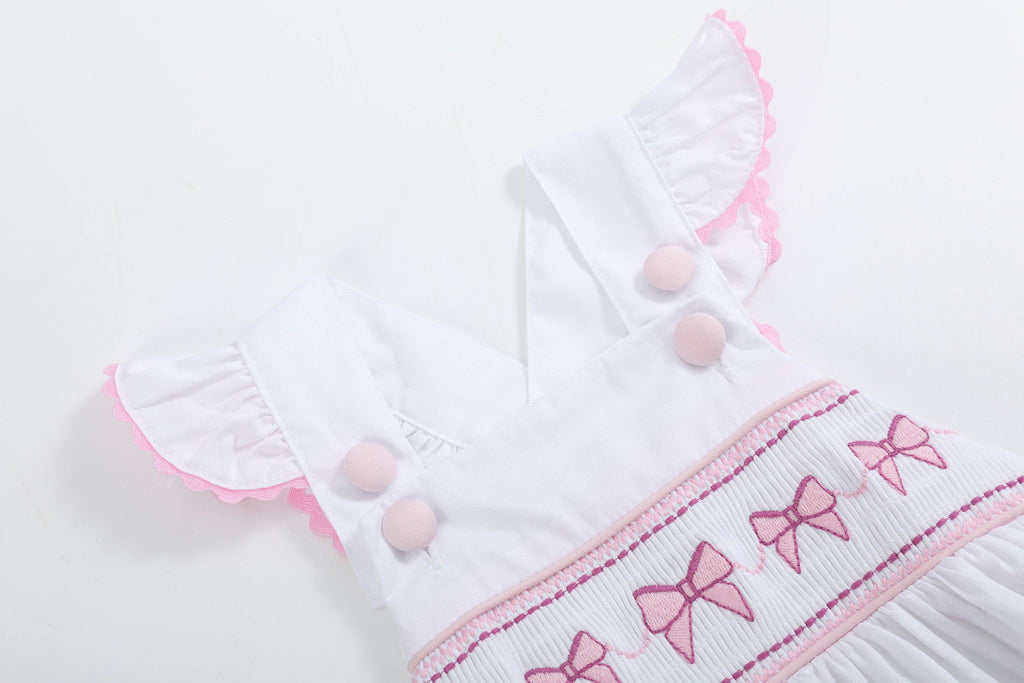 The Mila - White and Pink Bows Smocked Ruffle Romper