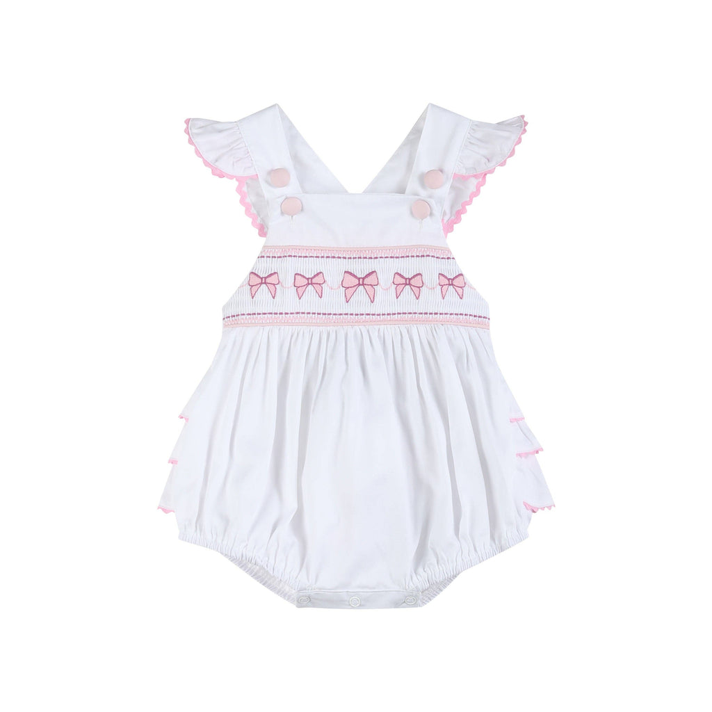 The Mila - White and Pink Bows Smocked Ruffle Romper