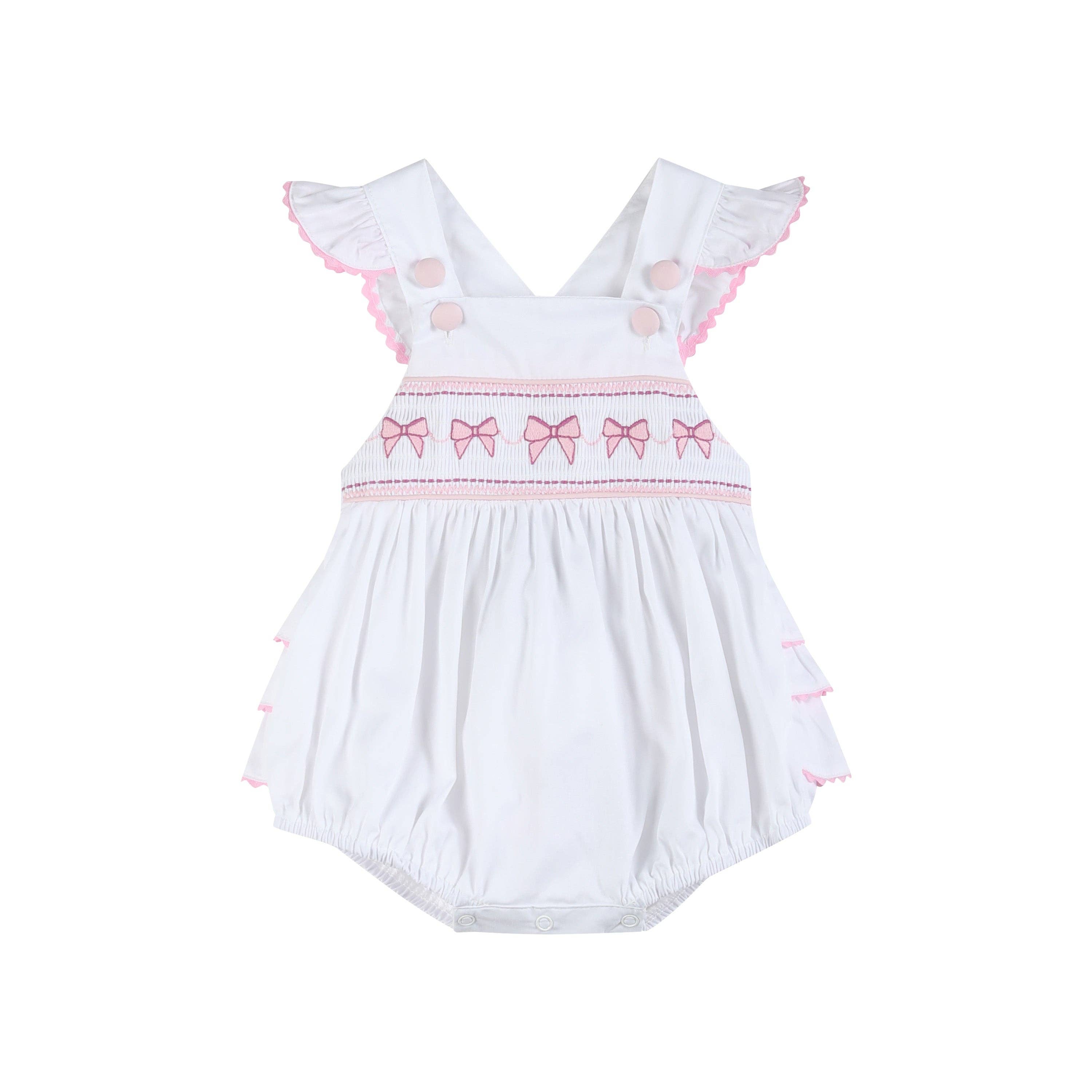The Mila - White and Pink Bows Smocked Ruffle Romper