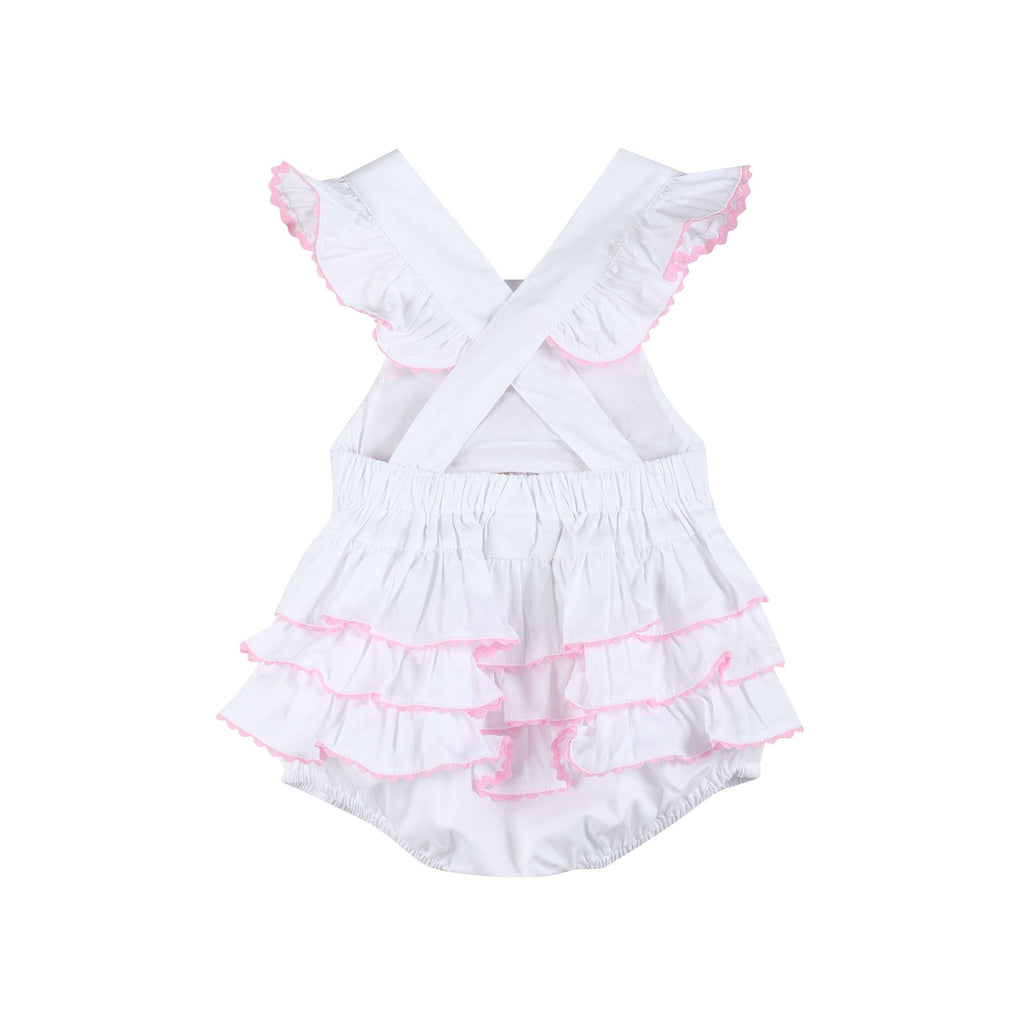 The Mila - White and Pink Bows Smocked Ruffle Romper
