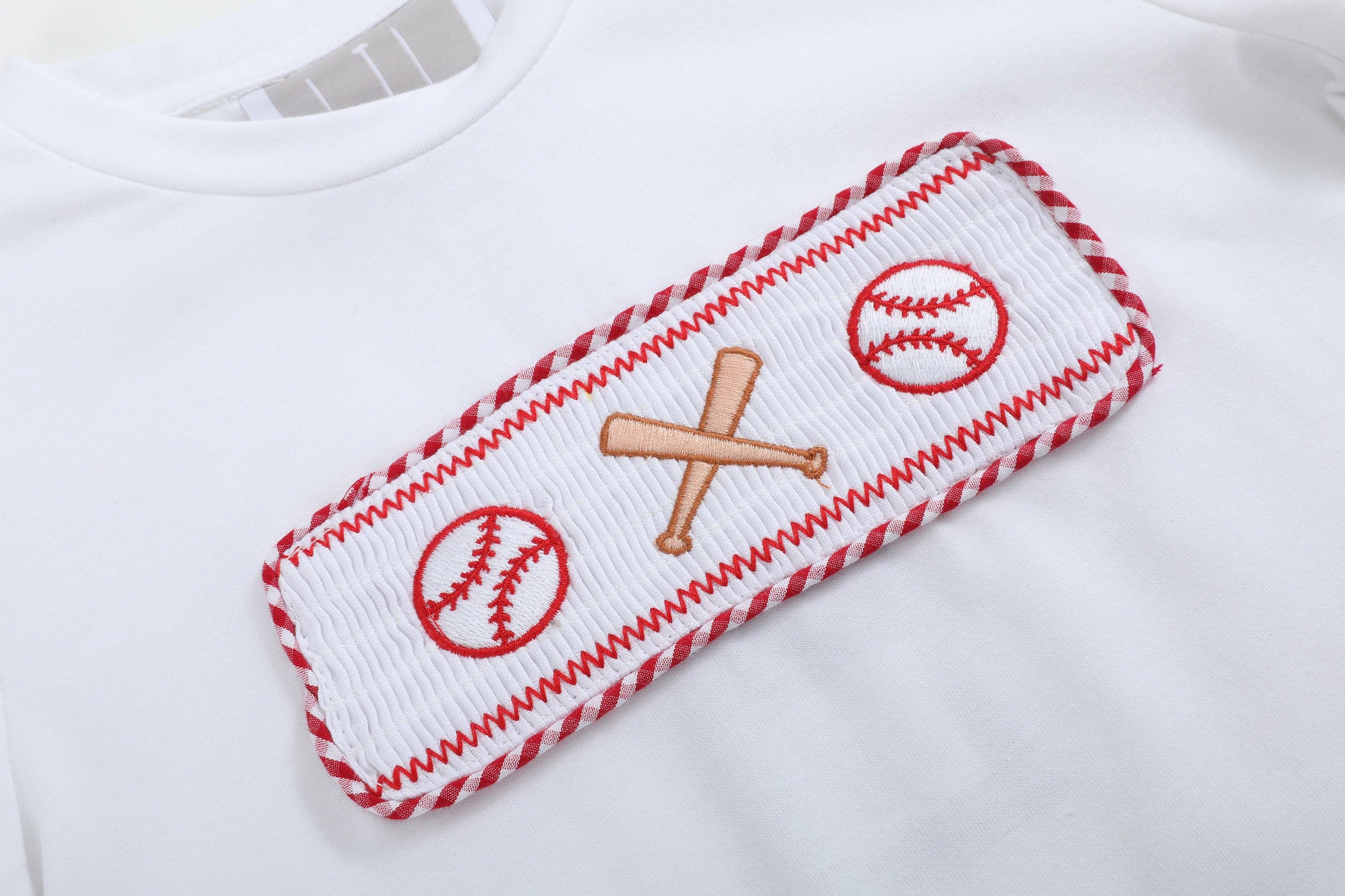 The Robinson - Baseball Smocked Shirt and Red Gingham Shorts Set