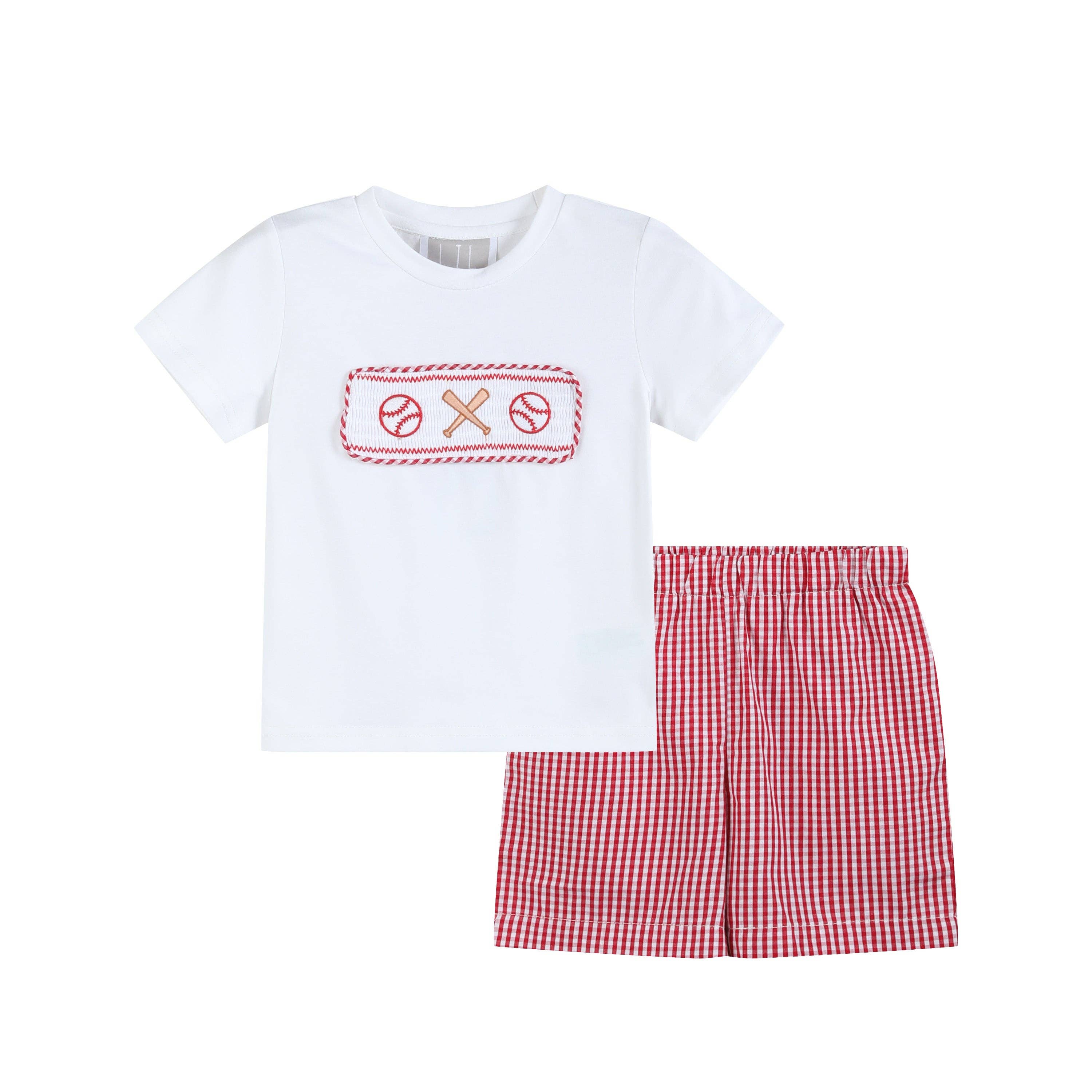 The Robinson - Baseball Smocked Shirt and Red Gingham Shorts Set