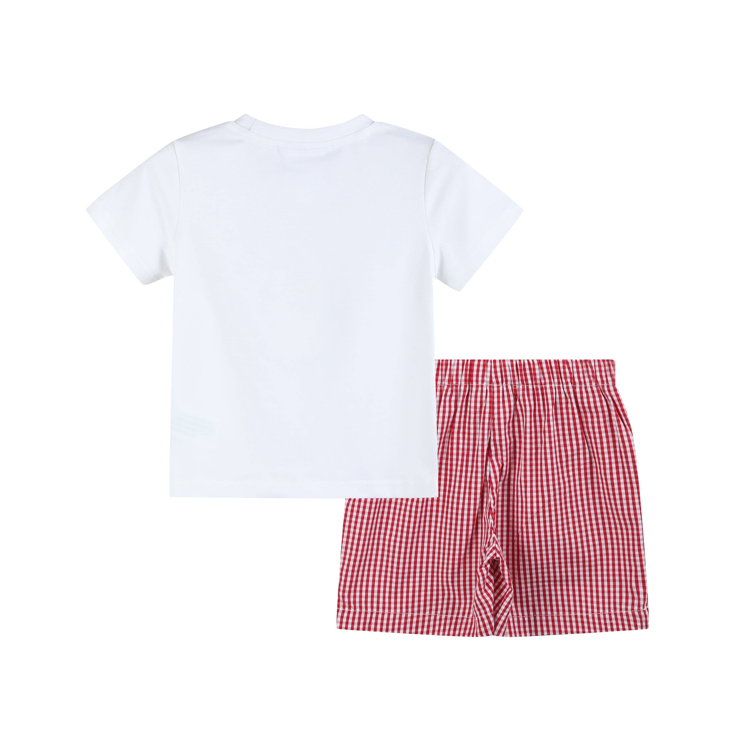 The Robinson - Baseball Smocked Shirt and Red Gingham Shorts Set