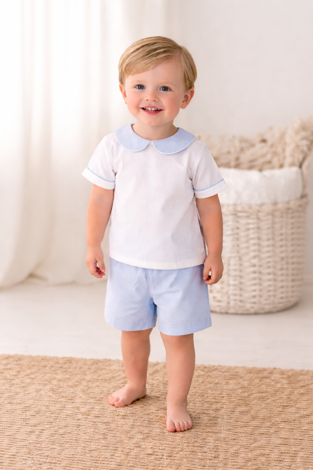 The Bennett - White & Blue Chambray Boy Short Set