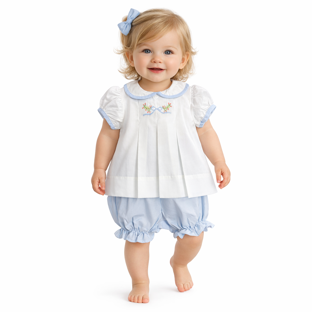 The Juliette - Embroidered Blue Bow Flower Buds Bloomer Set