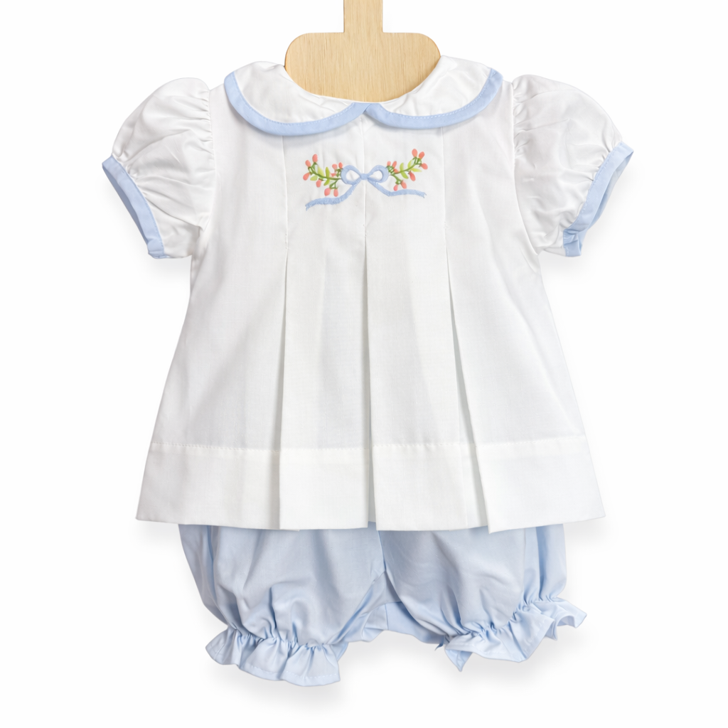 The Juliette - Embroidered Blue Bow Flower Buds Bloomer Set