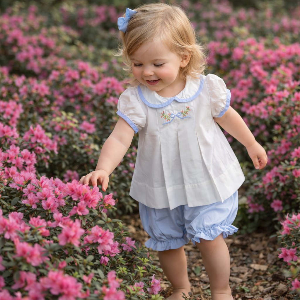 The Juliette - Embroidered Blue Bow Flower Buds Bloomer Set