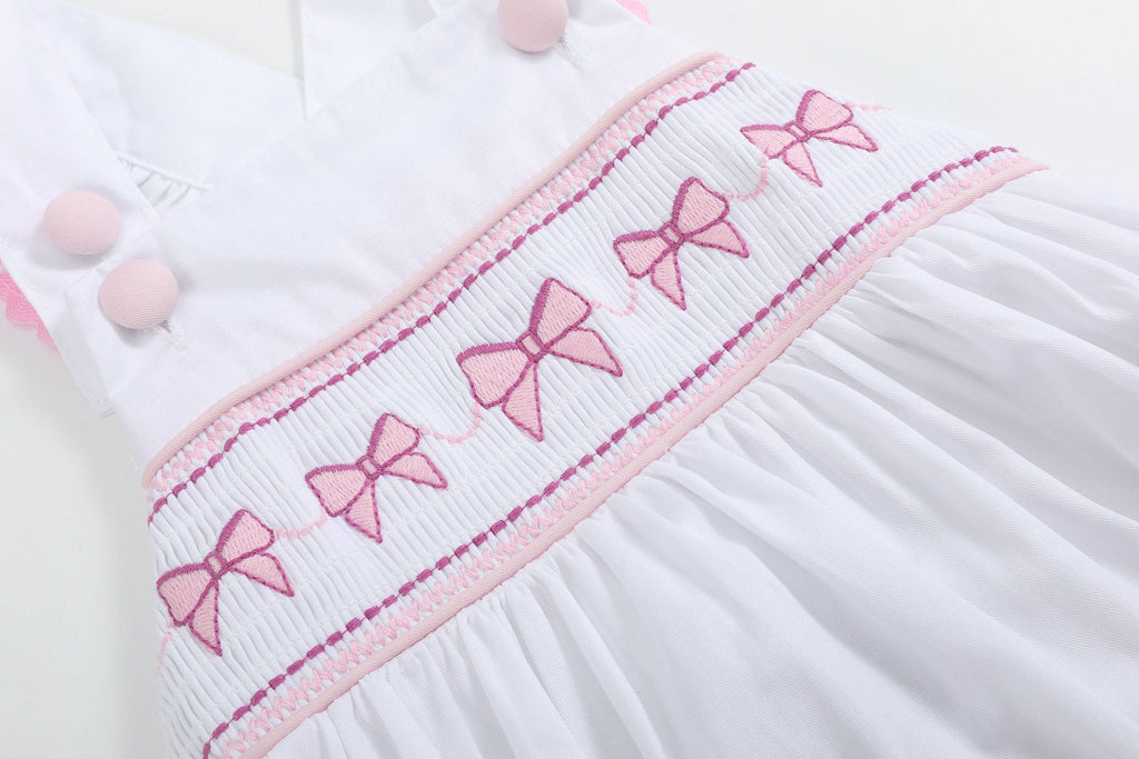 The Mila - White and Pink Bows Smocked Ruffle Romper
